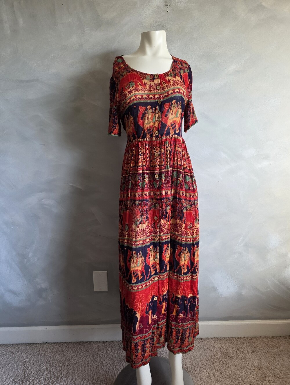 Vtg 90s India Grunge Novelty Animal Print Maxi Ethnic Batik Sundress Sz S Rayon